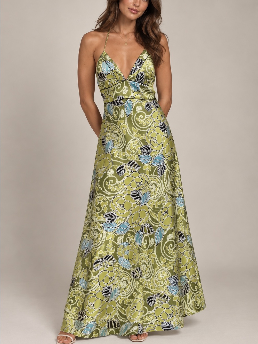 Miss Bisou Green Long Halter Neck Dress Sz 5